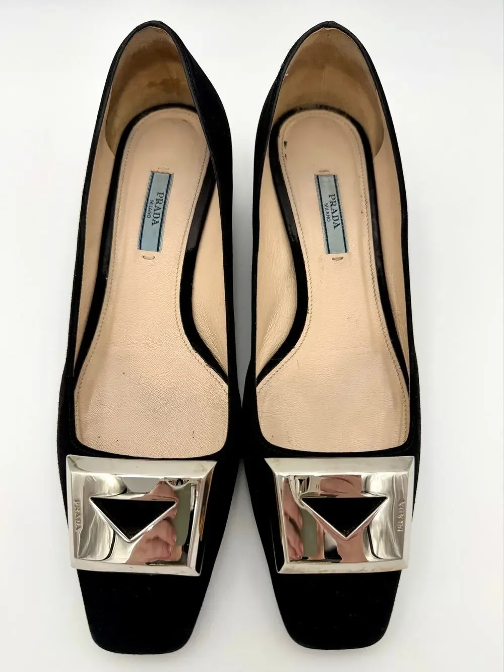Prada Square Toe Pumps Black Suede Size 39.5 / 9.5 Metal Buckle Logo
